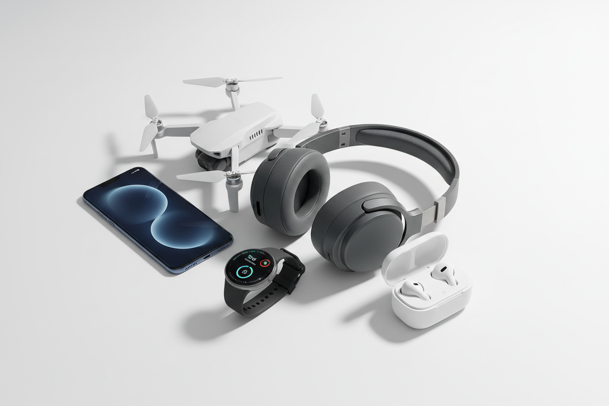 electronic devices like headphones a drone and others